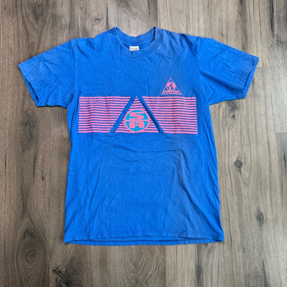 Vintage 80s Rare Surfers Alliance Puff print AOP Graphic Shirt Blue Pink Mens M